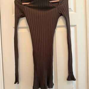 h:ours Brown Ribbed Long-Sleeve Mini Dress
